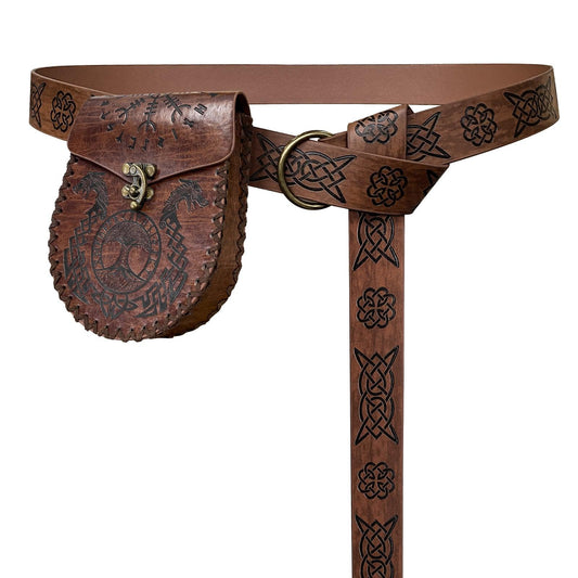 Medieval Viking-style brown leather belt with carved pouch and Celtic knot designs