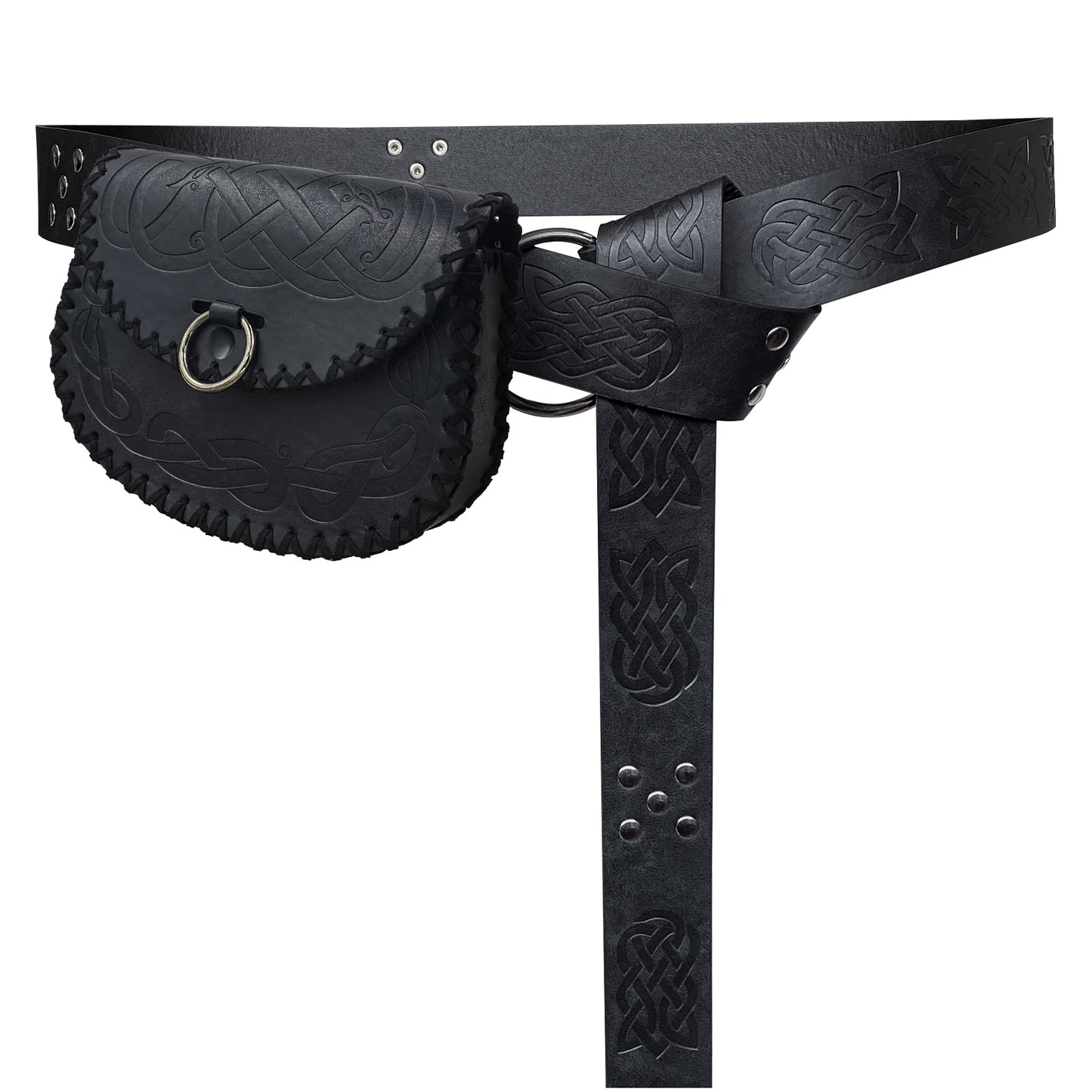 HiiFeuer Medieval Embossed O Ring Belt with Nordic Embossed Belt Bag, Vintage Faux Leather Belt and Belt Pouch Set for LARP