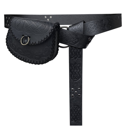 HiiFeuer Medieval Embossed O Ring Belt with Nordic Embossed Belt Bag, Vintage Faux Leather Belt and Belt Pouch Set for LARP
