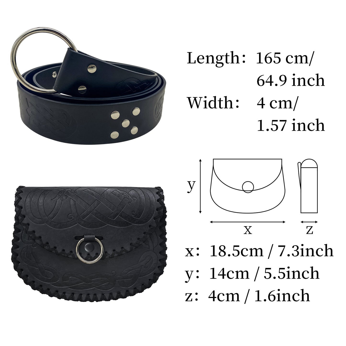 HiiFeuer Medieval Embossed O Ring Belt with Nordic Embossed Belt Bag, Vintage Faux Leather Belt and Belt Pouch Set for LARP