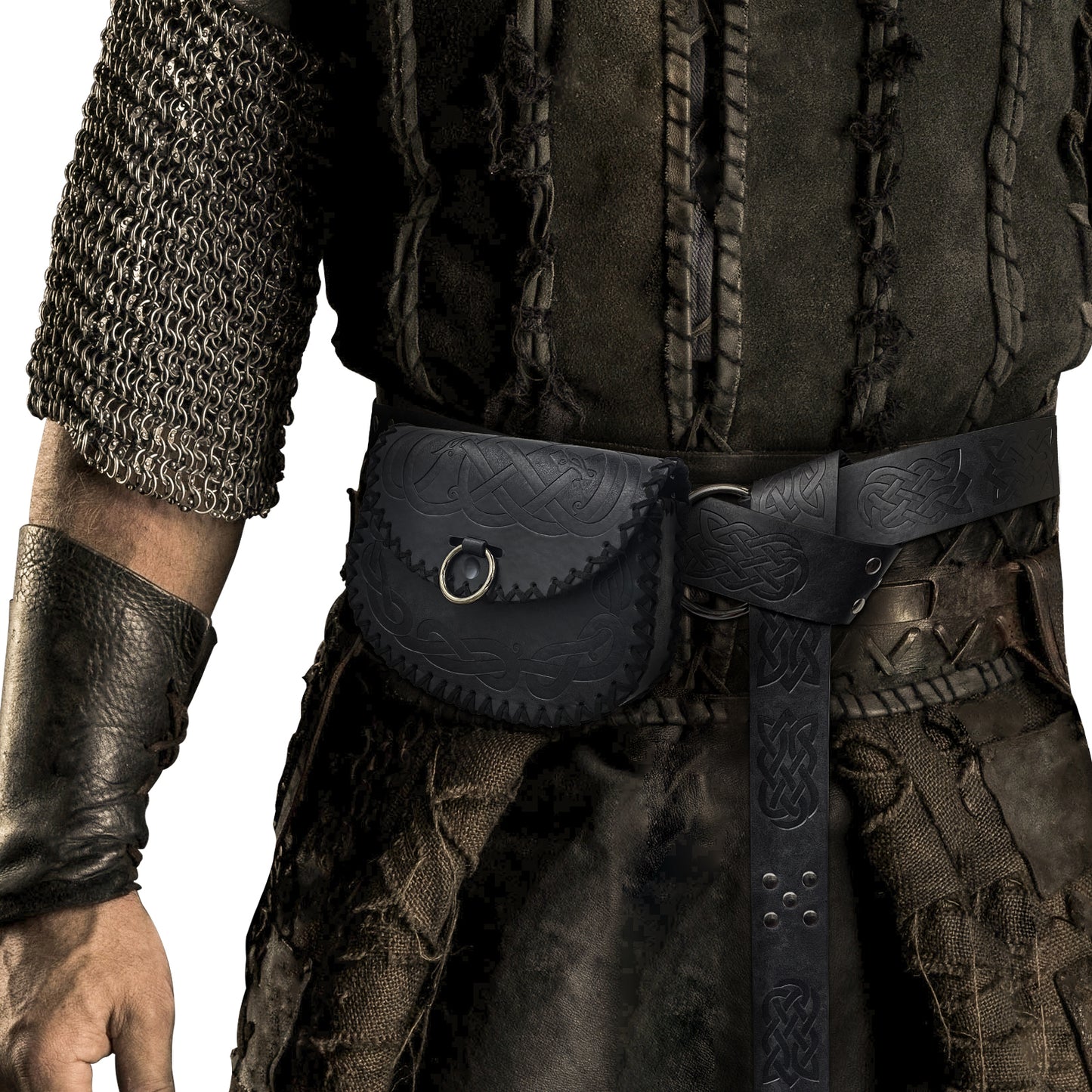 HiiFeuer Medieval Embossed O Ring Belt with Nordic Embossed Belt Bag, Vintage Faux Leather Belt and Belt Pouch Set for LARP