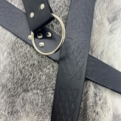 HiiFeuer Medieval Embossed O Ring Belt with Nordic Embossed Belt Bag, Vintage Faux Leather Belt and Belt Pouch Set for LARP
