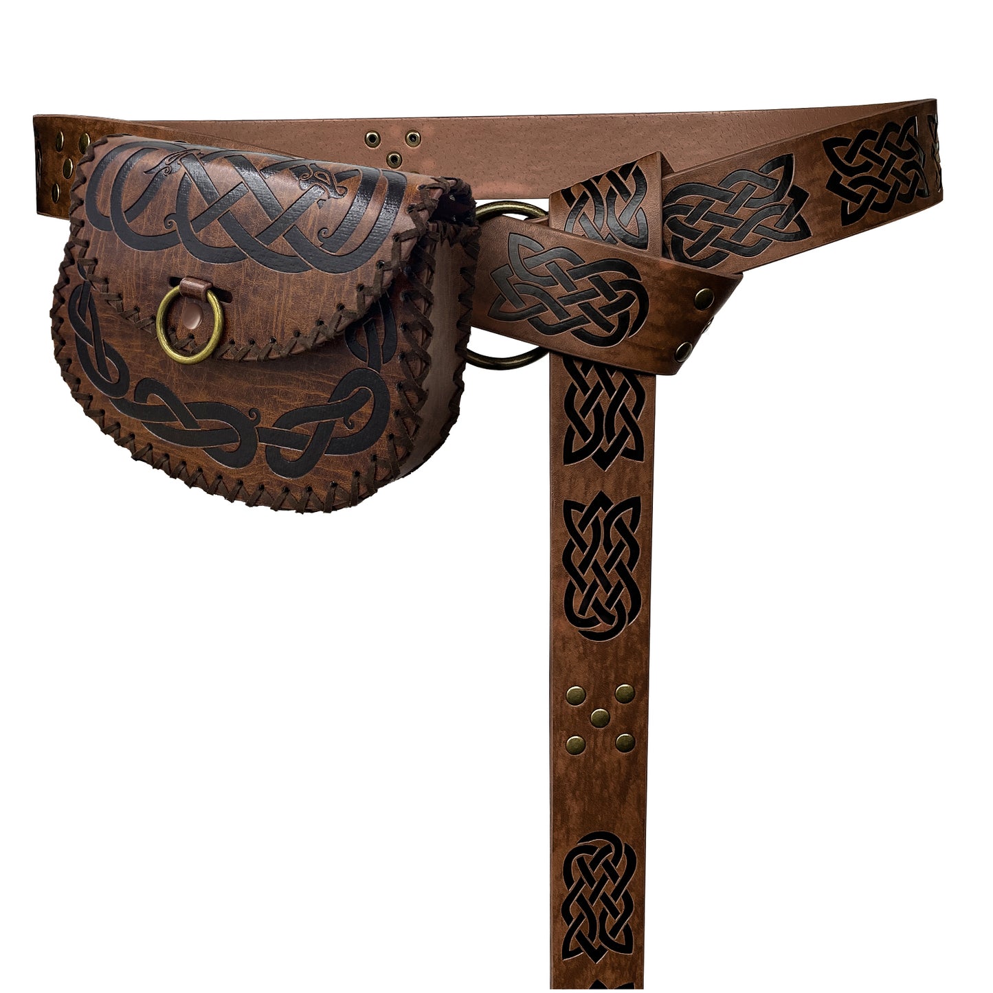 HiiFeuer Medieval Embossed O Ring Belt with Nordic Embossed Belt Bag, Vintage Faux Leather Belt and Belt Pouch Set for LARP