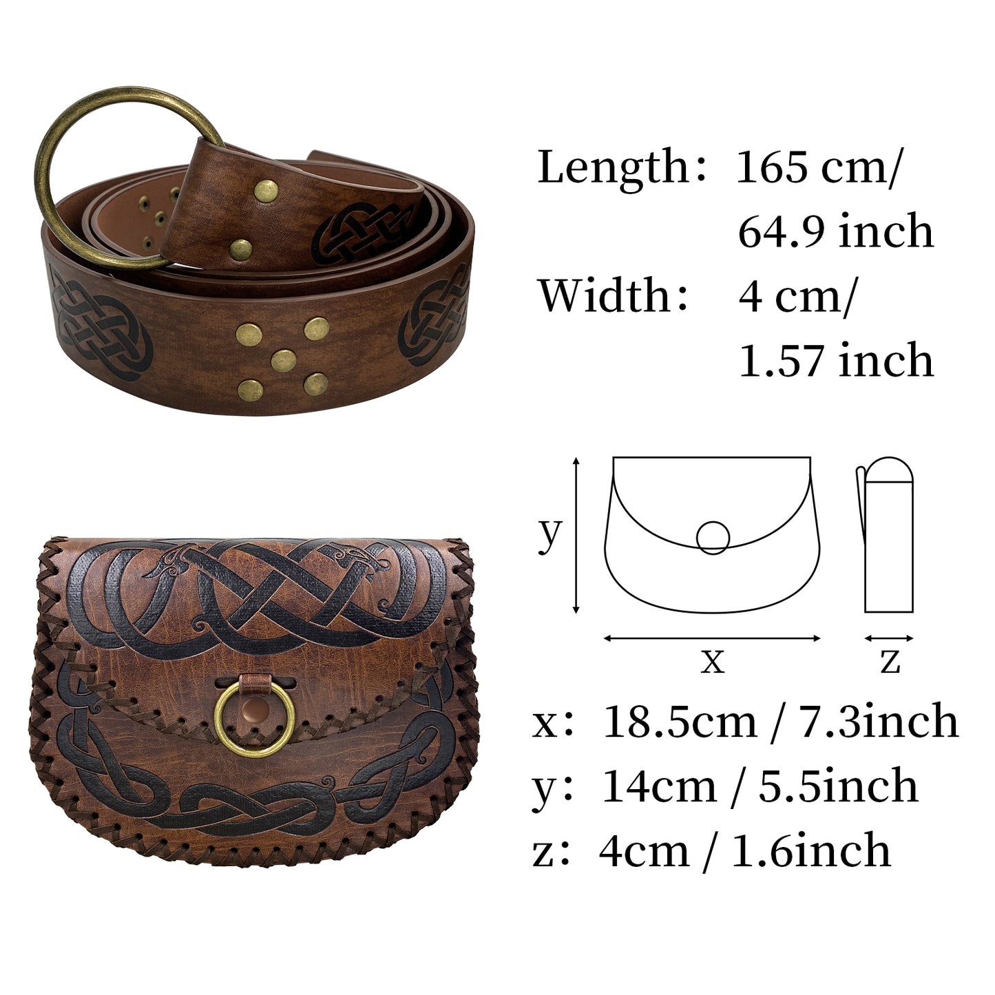 HiiFeuer Medieval Embossed O Ring Belt with Nordic Embossed Belt Bag, Vintage Faux Leather Belt and Belt Pouch Set for LARP