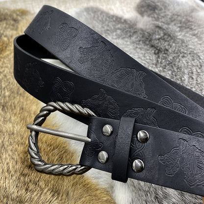 HiiFeuer Medieval Embossed O Ring Belt with Nordic Embossed Belt Bag, Vintage Faux Leather Belt and Belt Pouch Set for LARP