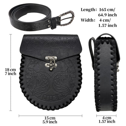HiiFeuer Medieval Embossed O Ring Belt with Nordic Embossed Belt Bag, Vintage Faux Leather Belt and Belt Pouch Set for LARP