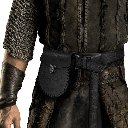HiiFeuer Medieval Embossed O Ring Belt with Nordic Embossed Belt Bag, Vintage Faux Leather Belt and Belt Pouch Set for LARP