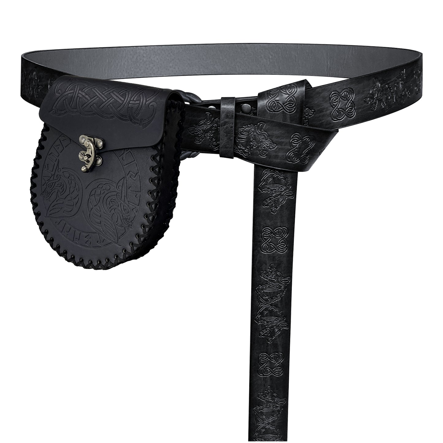 HiiFeuer Medieval Embossed O Ring Belt with Nordic Embossed Belt Bag, Vintage Faux Leather Belt and Belt Pouch Set for LARP