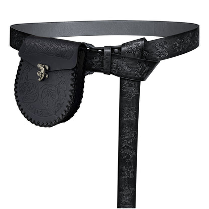 HiiFeuer Medieval Embossed O Ring Belt with Nordic Embossed Belt Bag, Vintage Faux Leather Belt and Belt Pouch Set for LARP