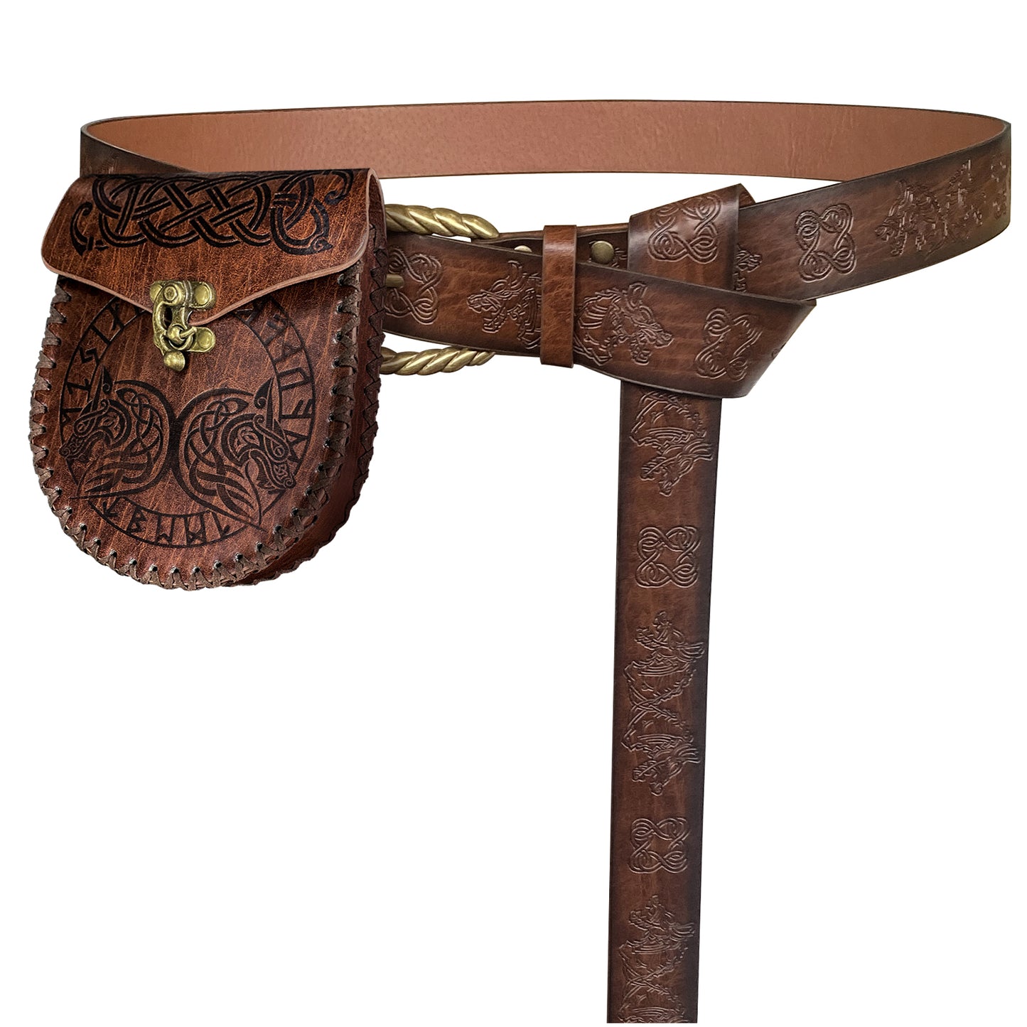 HiiFeuer Medieval Embossed O Ring Belt with Nordic Embossed Belt Bag, Vintage Faux Leather Belt and Belt Pouch Set for LARP