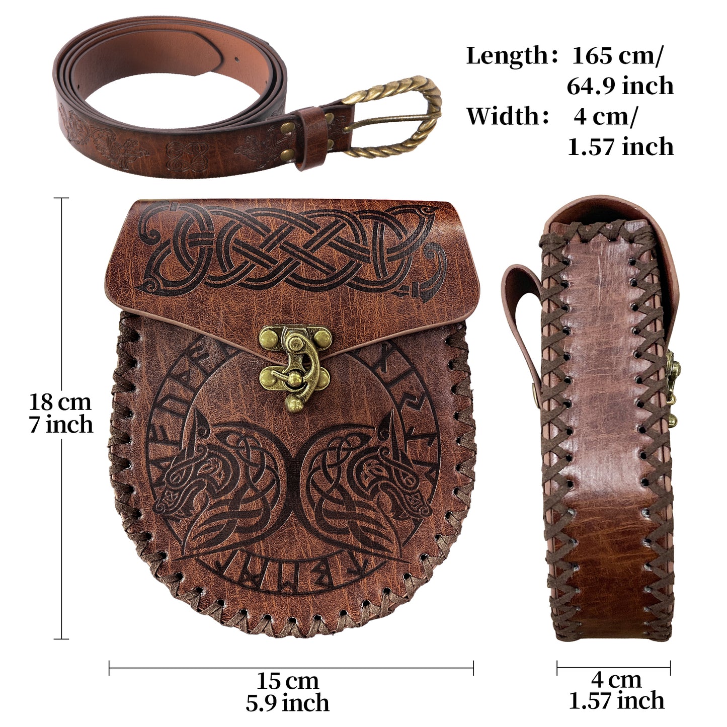 HiiFeuer Medieval Embossed O Ring Belt with Nordic Embossed Belt Bag, Vintage Faux Leather Belt and Belt Pouch Set for LARP