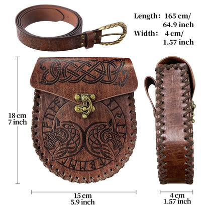 HiiFeuer Medieval Embossed O Ring Belt with Nordic Embossed Belt Bag, Vintage Faux Leather Belt and Belt Pouch Set for LARP