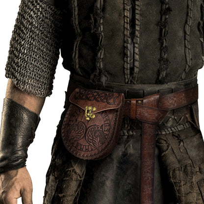 HiiFeuer Medieval Embossed O Ring Belt with Nordic Embossed Belt Bag, Vintage Faux Leather Belt and Belt Pouch Set for LARP