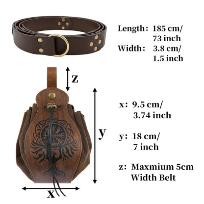 HiiFeuer Medieval O Ring Belt with Portable Drawstring Pouch, Retro Renaissance Faux Leather Belt and Purse Set for Ren Faire