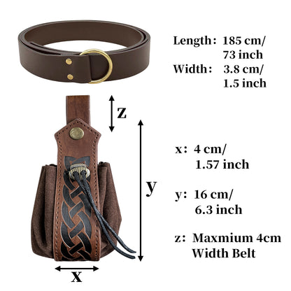 HiiFeuer Medieval O Ring Belt with Portable Drawstring Pouch, Retro Renaissance Faux Leather Belt and Purse Set for Ren Faire