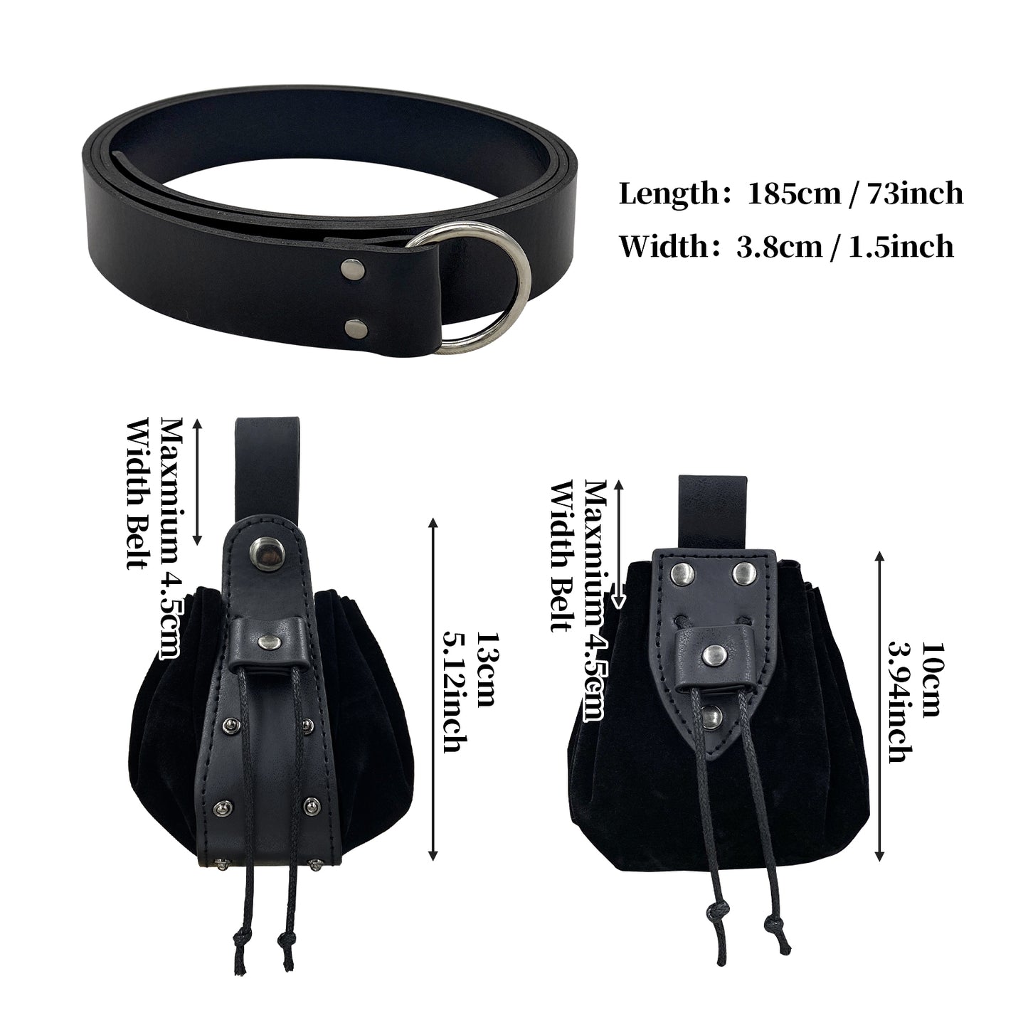 HiiFeuer Medieval Embossed O Ring Belt with Nordic Embossed Belt Bag, Vintage Faux Leather Belt and Belt Pouch Set for LARP