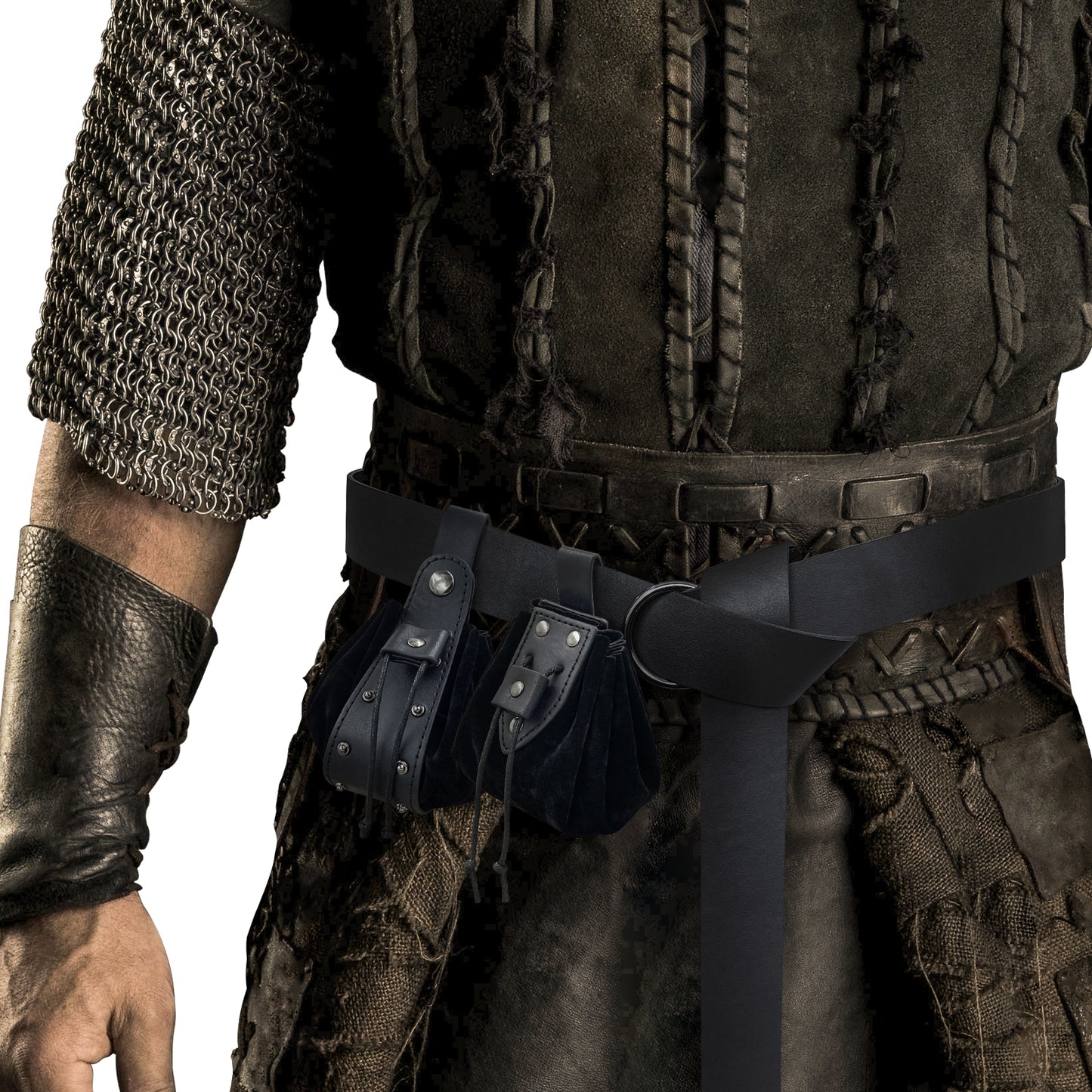 HiiFeuer Medieval Embossed O Ring Belt with Nordic Embossed Belt Bag, Vintage Faux Leather Belt and Belt Pouch Set for LARP