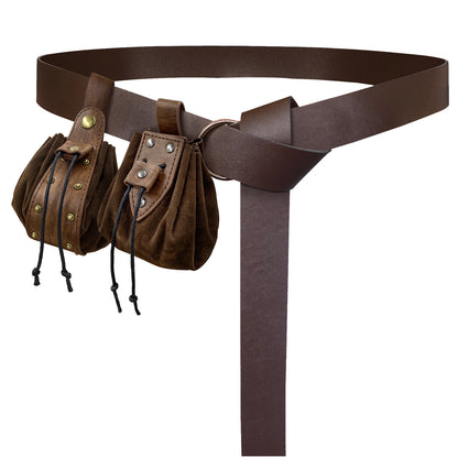 HiiFeuer Medieval Embossed O Ring Belt with Nordic Embossed Belt Bag, Vintage Faux Leather Belt and Belt Pouch Set for LARP