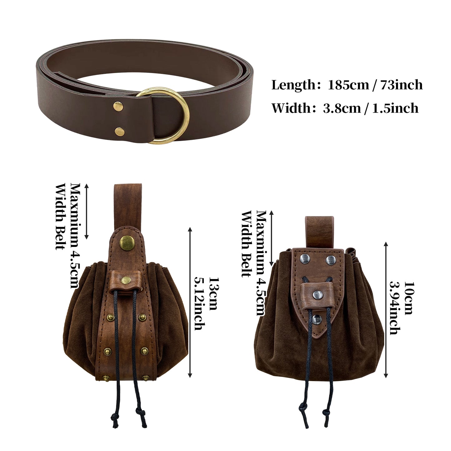 HiiFeuer Medieval Embossed O Ring Belt with Nordic Embossed Belt Bag, Vintage Faux Leather Belt and Belt Pouch Set for LARP