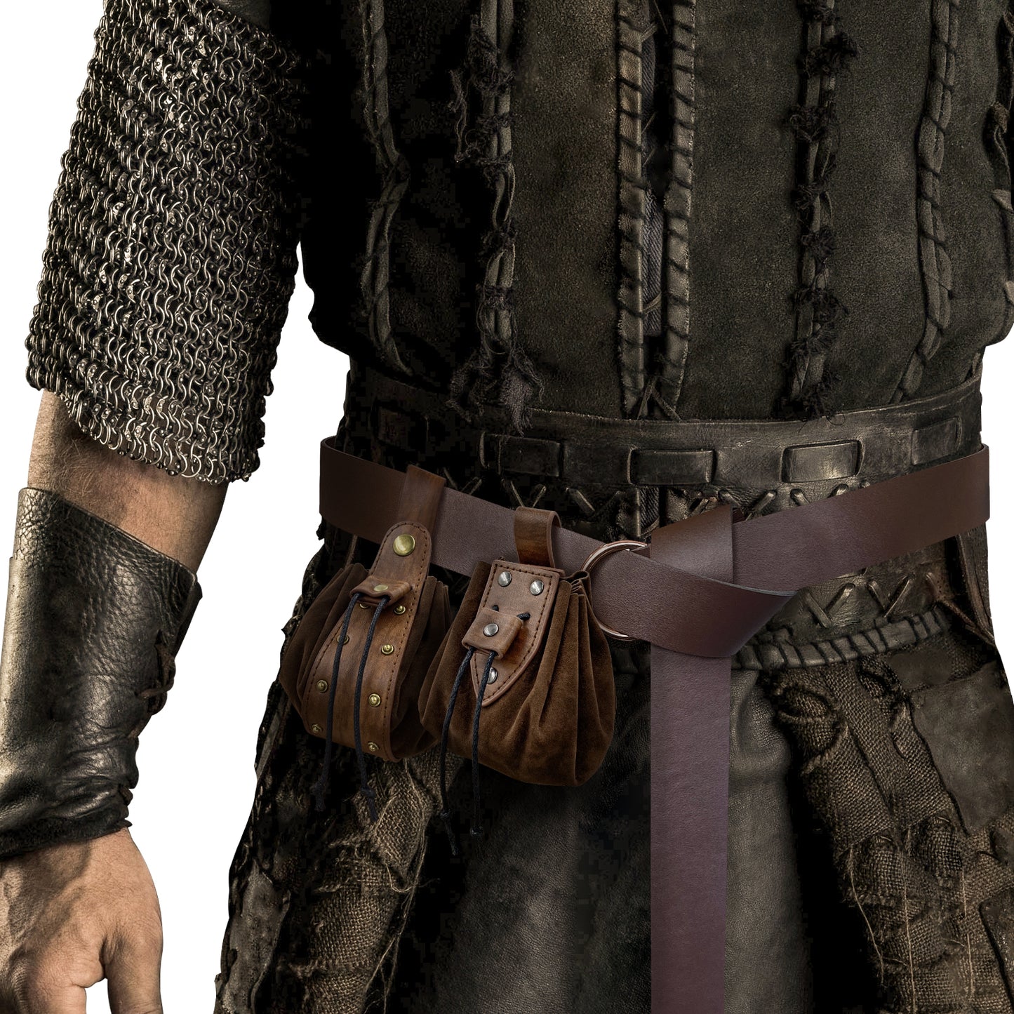 HiiFeuer Medieval Embossed O Ring Belt with Nordic Embossed Belt Bag, Vintage Faux Leather Belt and Belt Pouch Set for LARP