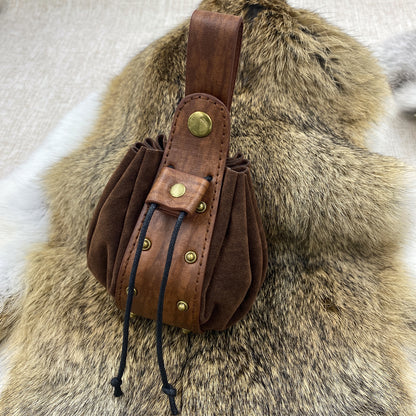 HiiFeuer Medieval Embossed O Ring Belt with Nordic Embossed Belt Bag, Vintage Faux Leather Belt and Belt Pouch Set for LARP