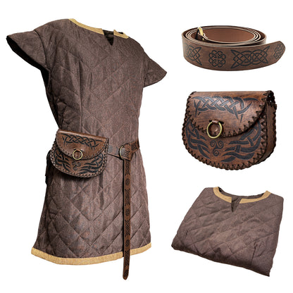 HiiFeuer Medieval Costume Tunic, With Vintage Belt and Bag, Mercenary Knight Body Cloth Armor, Renaissance LARP Cosplay Set