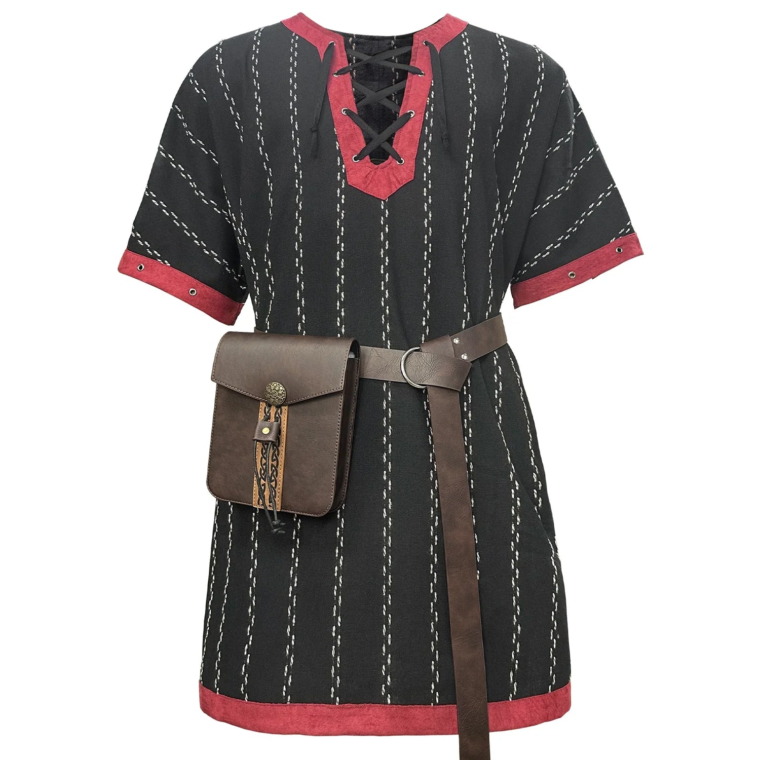 Medieval tunic with red trim, lace-up neck, brown leather belt, and pouch bag, cosplay costume