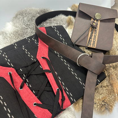 HiiFeuer Medieval Stripe Loose Tunic Top, with Vintage Belt and Bag, Renaissance Knight Lace Up Shirt, Viking Pirate Costume