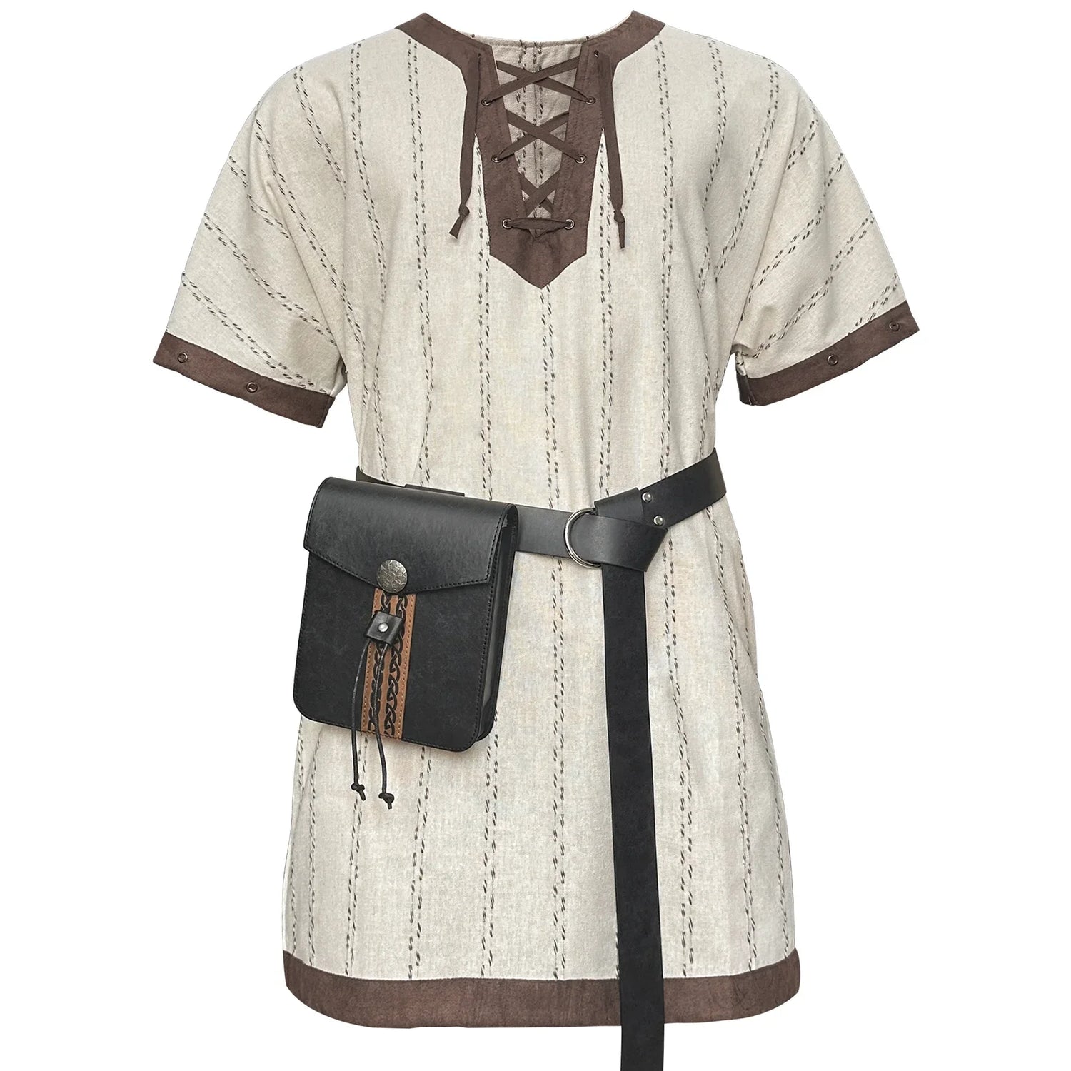 Medieval style beige tunic with brown trim, leather belt, and black pouch for cosplay