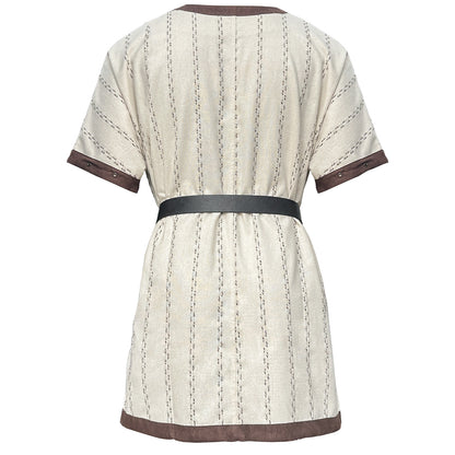 HiiFeuer Medieval Stripe Loose Tunic Top, with Vintage Belt and Bag, Renaissance Knight Lace Up Shirt, Viking Pirate Costume