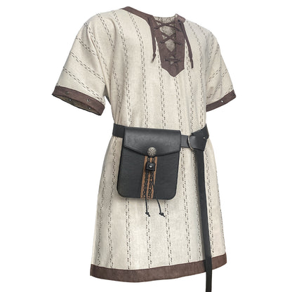 HiiFeuer Medieval Stripe Loose Tunic Top, with Vintage Belt and Bag, Renaissance Knight Lace Up Shirt, Viking Pirate Costume
