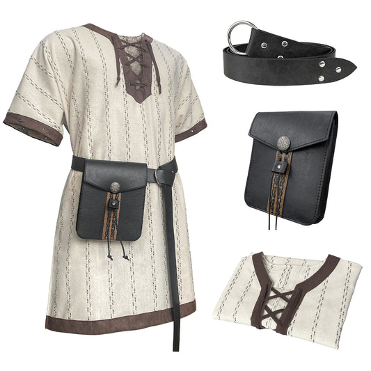 HiiFeuer Medieval Stripe Loose Tunic Top, with Vintage Belt and Bag, Renaissance Knight Lace Up Shirt, Viking Pirate Costume