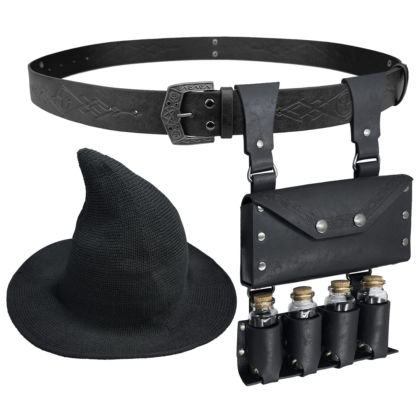 HiiFeuer Medieval Faux Leather Alchemy Set, Witch Pointed Hat for Women, Fantasy Wizard Belt with Potion Vials Waist Pouch