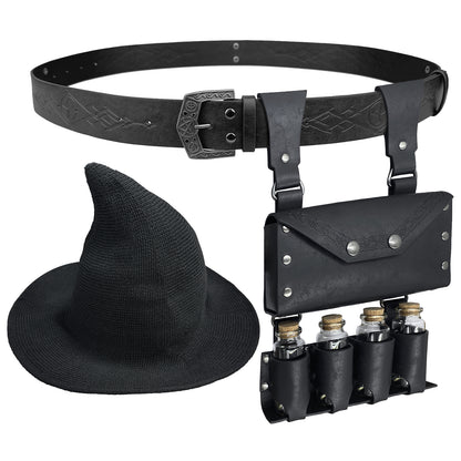 HiiFeuer Medieval Faux Leather Alchemy Set, Witch Pointed Hat for Women, Fantasy Wizard Belt with Potion Vials Waist Pouch