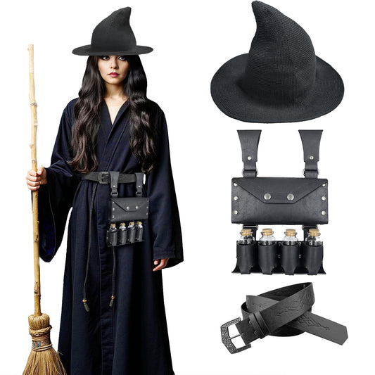 HiiFeuer Medieval Faux Leather Alchemy Set, Witch Pointed Hat for Women, Fantasy Wizard Belt with Potion Vials Waist Pouch