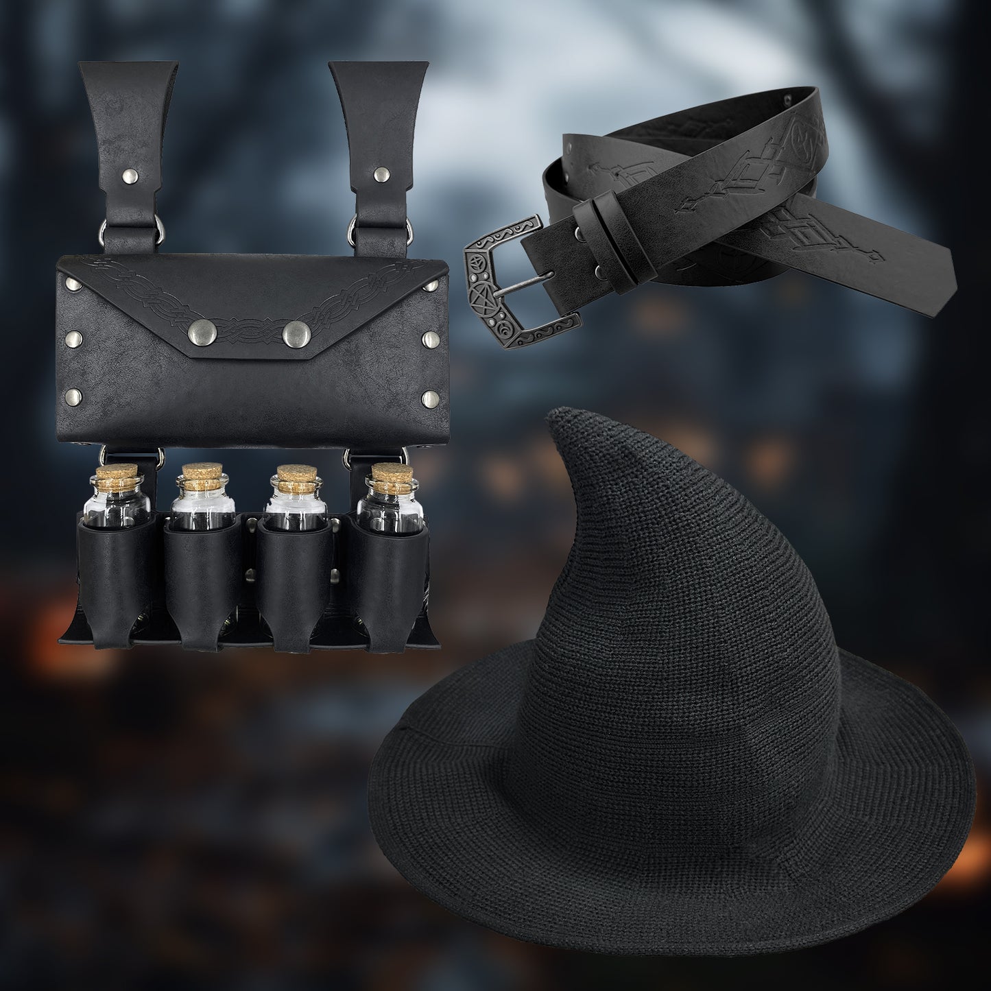HiiFeuer Medieval Faux Leather Alchemy Set, Witch Pointed Hat for Women, Fantasy Wizard Belt with Potion Vials Waist Pouch