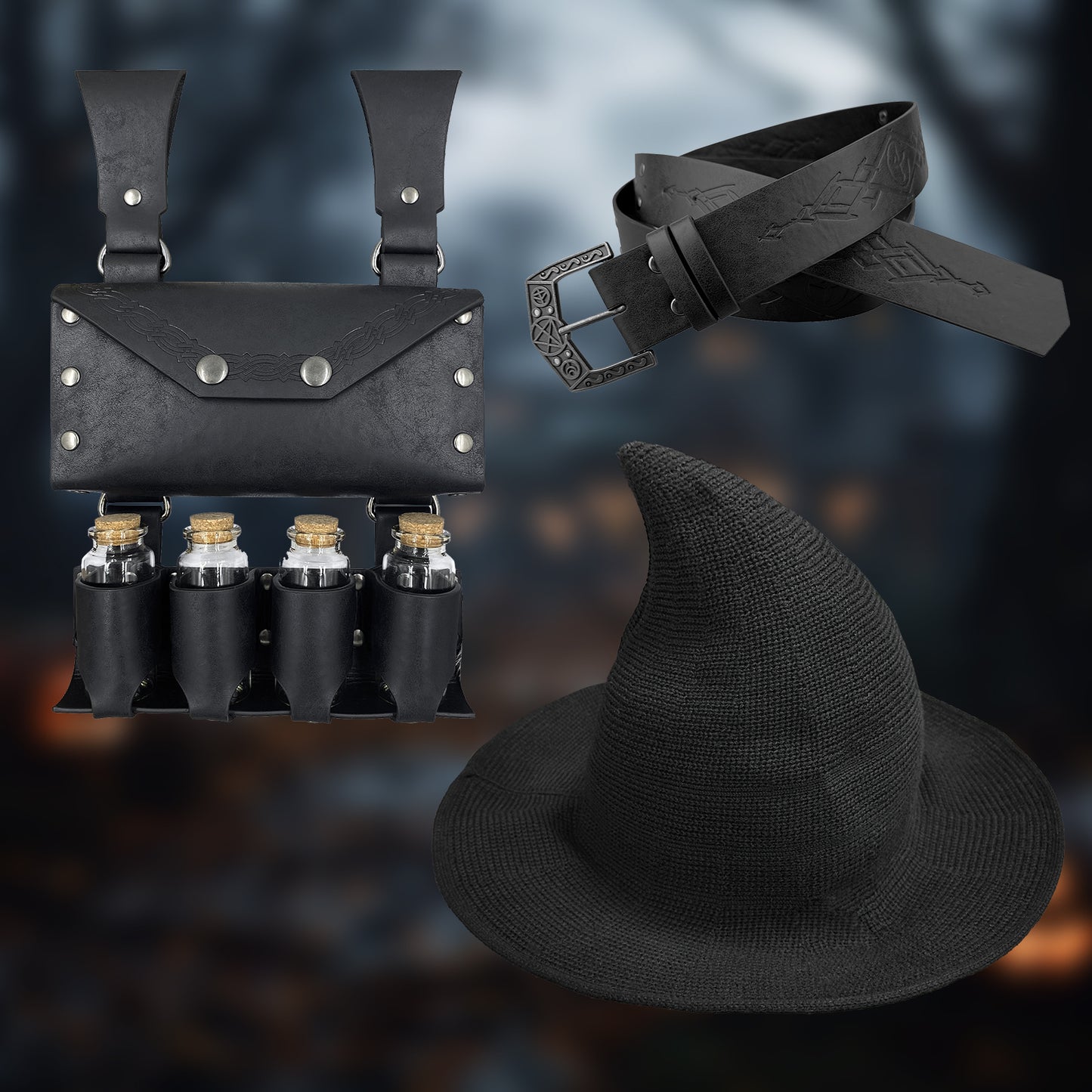 HiiFeuer Medieval Faux Leather Alchemy Set, Witch Pointed Hat for Women, Fantasy Wizard Belt with Potion Vials Waist Pouch