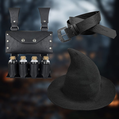 HiiFeuer Medieval Faux Leather Alchemy Set, Witch Pointed Hat for Women, Fantasy Wizard Belt with Potion Vials Waist Pouch