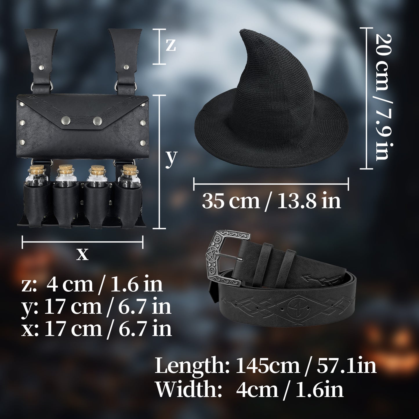 HiiFeuer Medieval Faux Leather Alchemy Set, Witch Pointed Hat for Women, Fantasy Wizard Belt with Potion Vials Waist Pouch