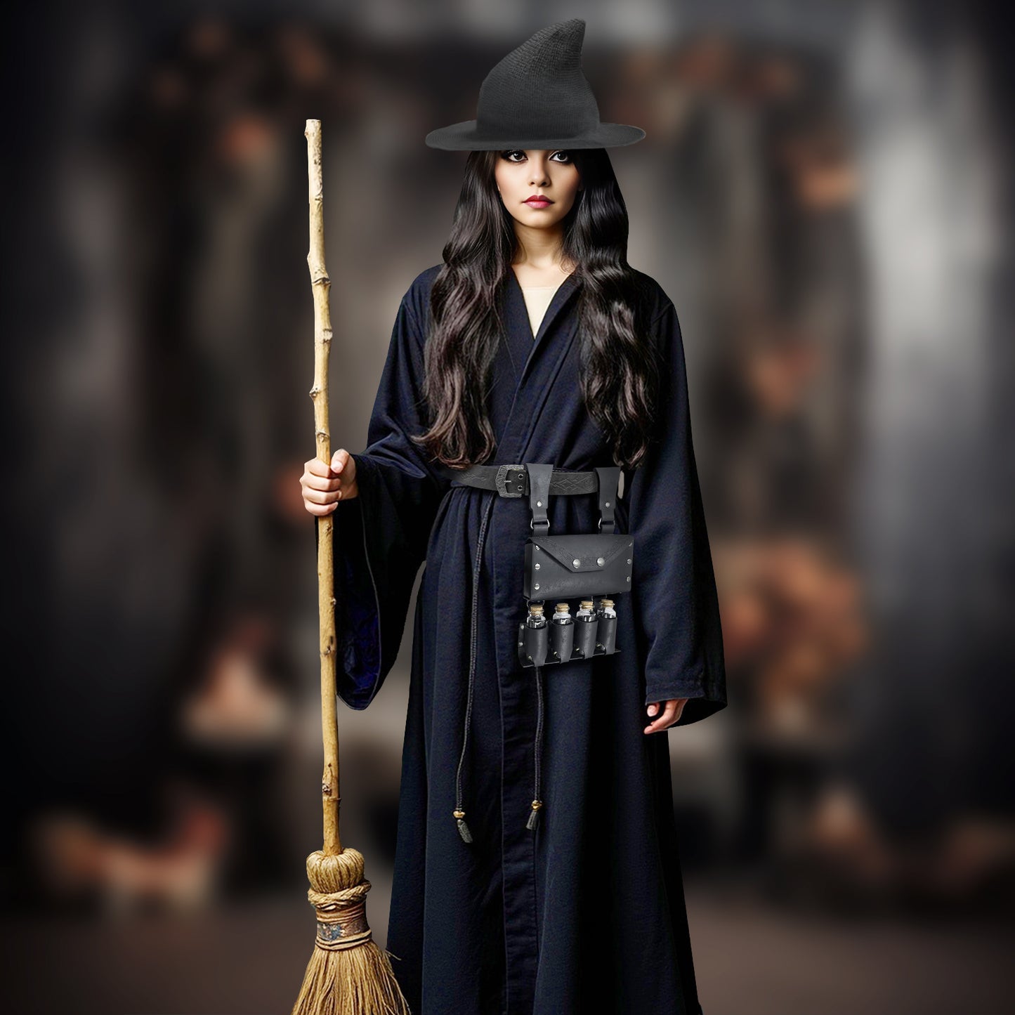 HiiFeuer Medieval Faux Leather Alchemy Set, Witch Pointed Hat for Women, Fantasy Wizard Belt with Potion Vials Waist Pouch