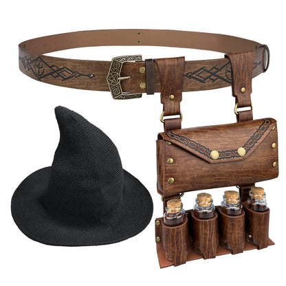 HiiFeuer Medieval Faux Leather Alchemy Set, Witch Pointed Hat for Women, Fantasy Wizard Belt with Potion Vials Waist Pouch