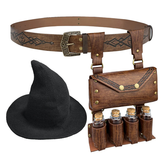 Medieval cosplay set with black witch hat, embossed brown belt, and leather potion pouch.