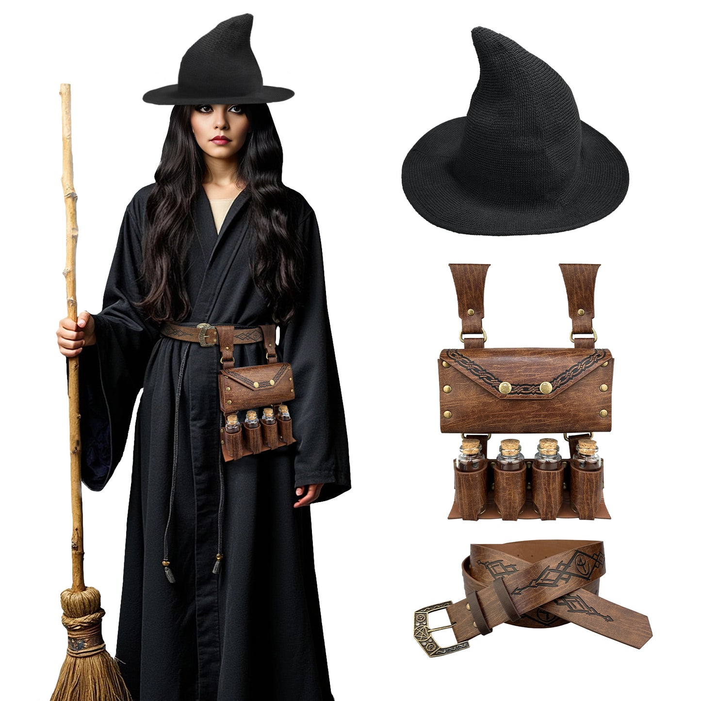 HiiFeuer Medieval Faux Leather Alchemy Set, Witch Pointed Hat for Women, Fantasy Wizard Belt with Potion Vials Waist Pouch