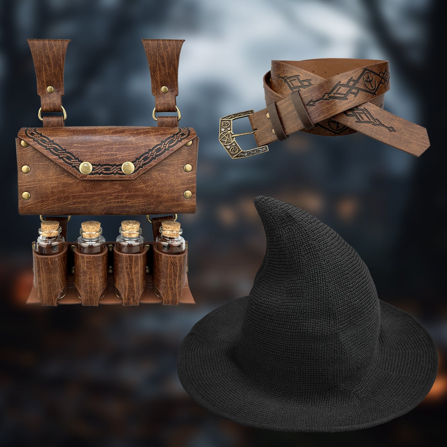 HiiFeuer Medieval Faux Leather Alchemy Set, Witch Pointed Hat for Women, Fantasy Wizard Belt with Potion Vials Waist Pouch