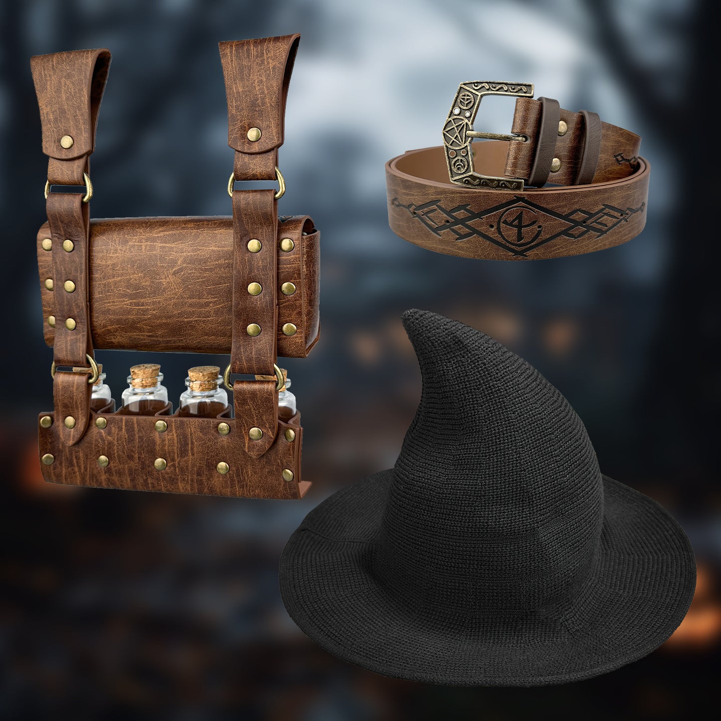 HiiFeuer Medieval Faux Leather Alchemy Set, Witch Pointed Hat for Women, Fantasy Wizard Belt with Potion Vials Waist Pouch