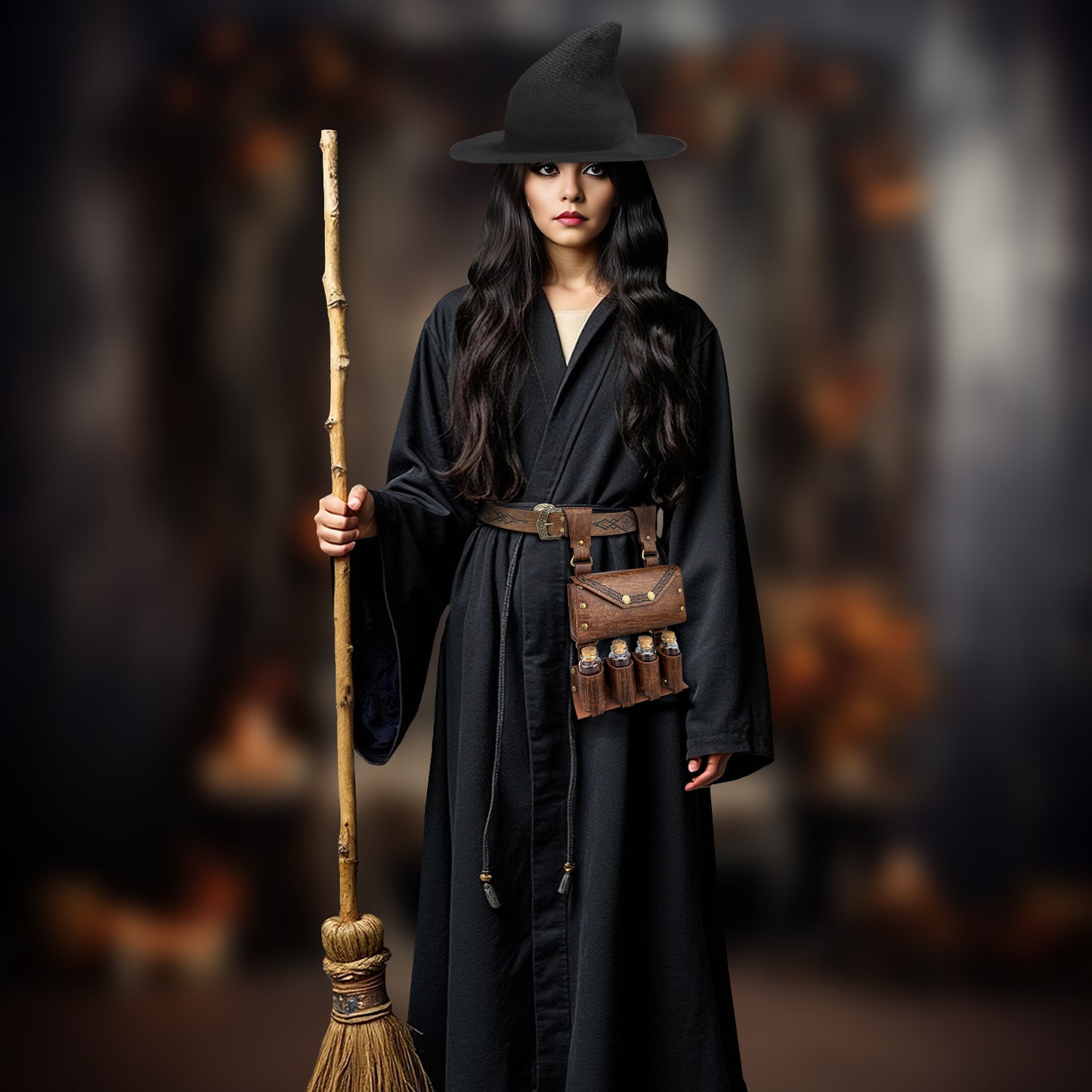 HiiFeuer Medieval Faux Leather Alchemy Set, Witch Pointed Hat for Women, Fantasy Wizard Belt with Potion Vials Waist Pouch