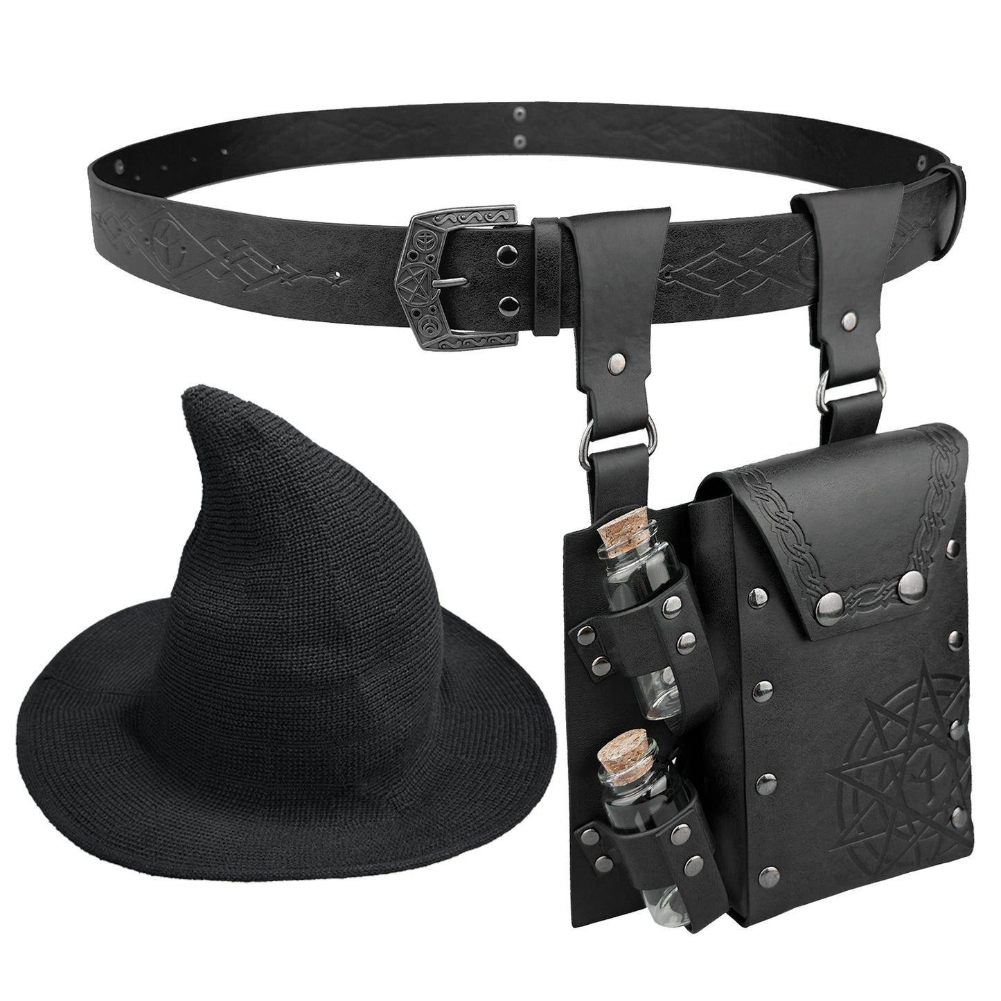 HiiFeuer Medieval Faux Leather Alchemy Set, Witch Pointed Hat for Women, Fantasy Wizard Belt with Potion Vials Waist Pouch