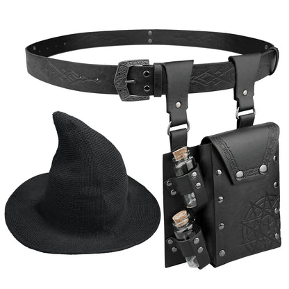 HiiFeuer Medieval Faux Leather Alchemy Set, Witch Pointed Hat for Women, Fantasy Wizard Belt with Potion Vials Waist Pouch