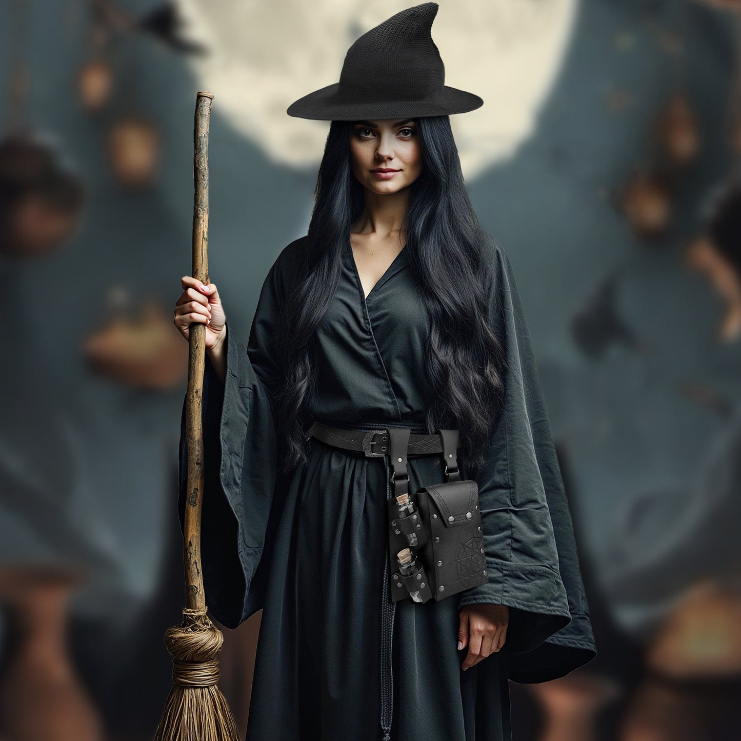 HiiFeuer Medieval Faux Leather Alchemy Set, Witch Pointed Hat for Women, Fantasy Wizard Belt with Potion Vials Waist Pouch