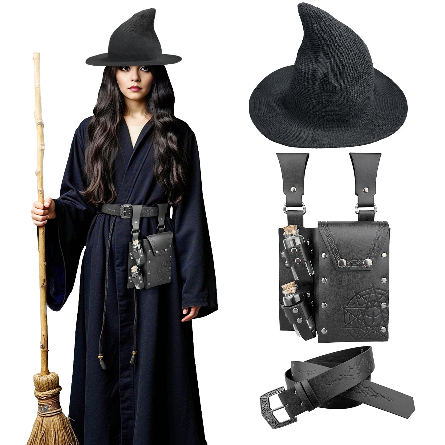 HiiFeuer Medieval Faux Leather Alchemy Set, Witch Pointed Hat for Women, Fantasy Wizard Belt with Potion Vials Waist Pouch